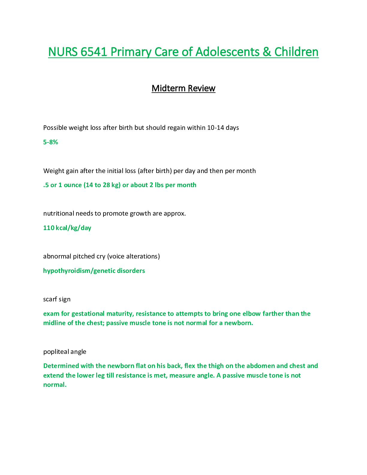 Preview of NURS6541 / NURS 6541 Midterm Exam Review: (Latest) Primary Care of Adolescents & Children